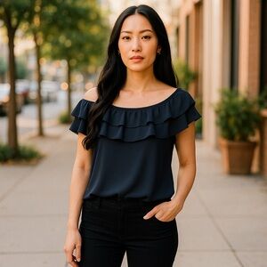 A.N.A. Asymmetrical Shoulder, Sleeveless blouse- black size Large